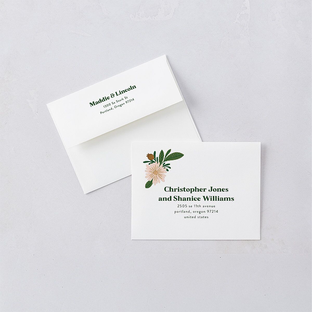 Retro Bloom Save the Date Petite Card Envelopes White Scottish Green Both Recipient and Return Addresses Signature Standard