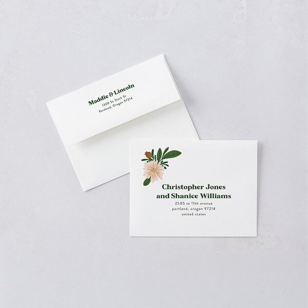 Retro Bloom Save the Date Petite Card Envelopes White Scottish Green Both Recipient and Return Addresses Signature Standard