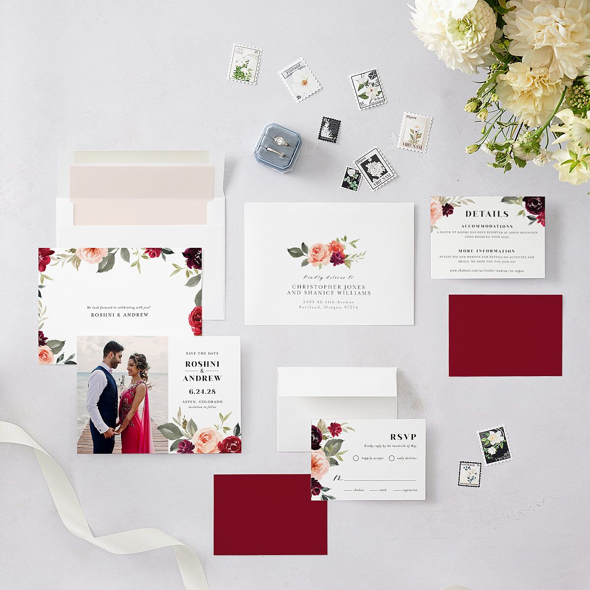 Vibrant Floral Save The Date Cards Deep Claret Signature smooth Blank No