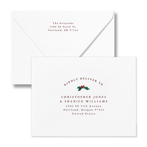 Classic Holiday Stripes Thank You Card Euro Envelopes White Maroon Both Recipient and Return Addresses Luxe Signature