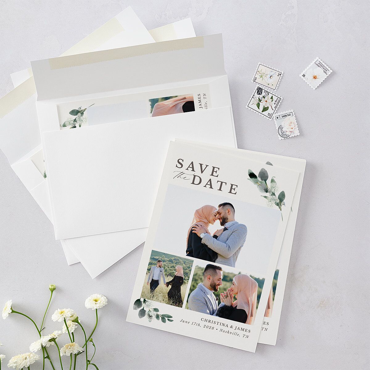 Greenery Accent Save the Date Cards Ivory Signature smooth Blank No Standard