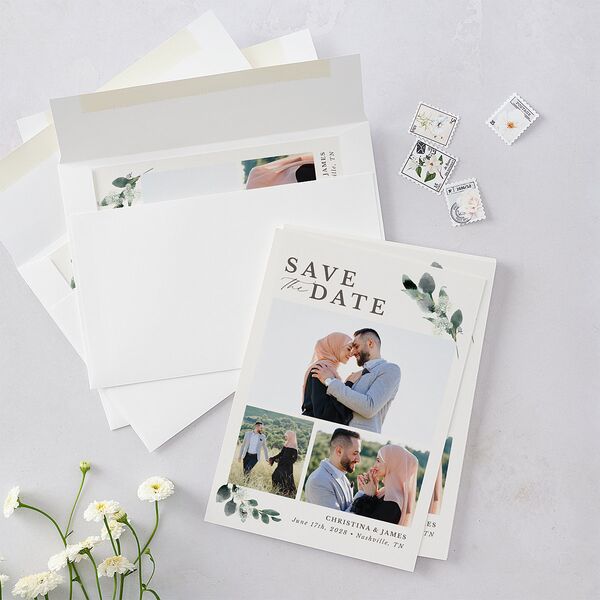Greenery Accent Save the Date Cards Ivory Signature smooth Blank No Standard