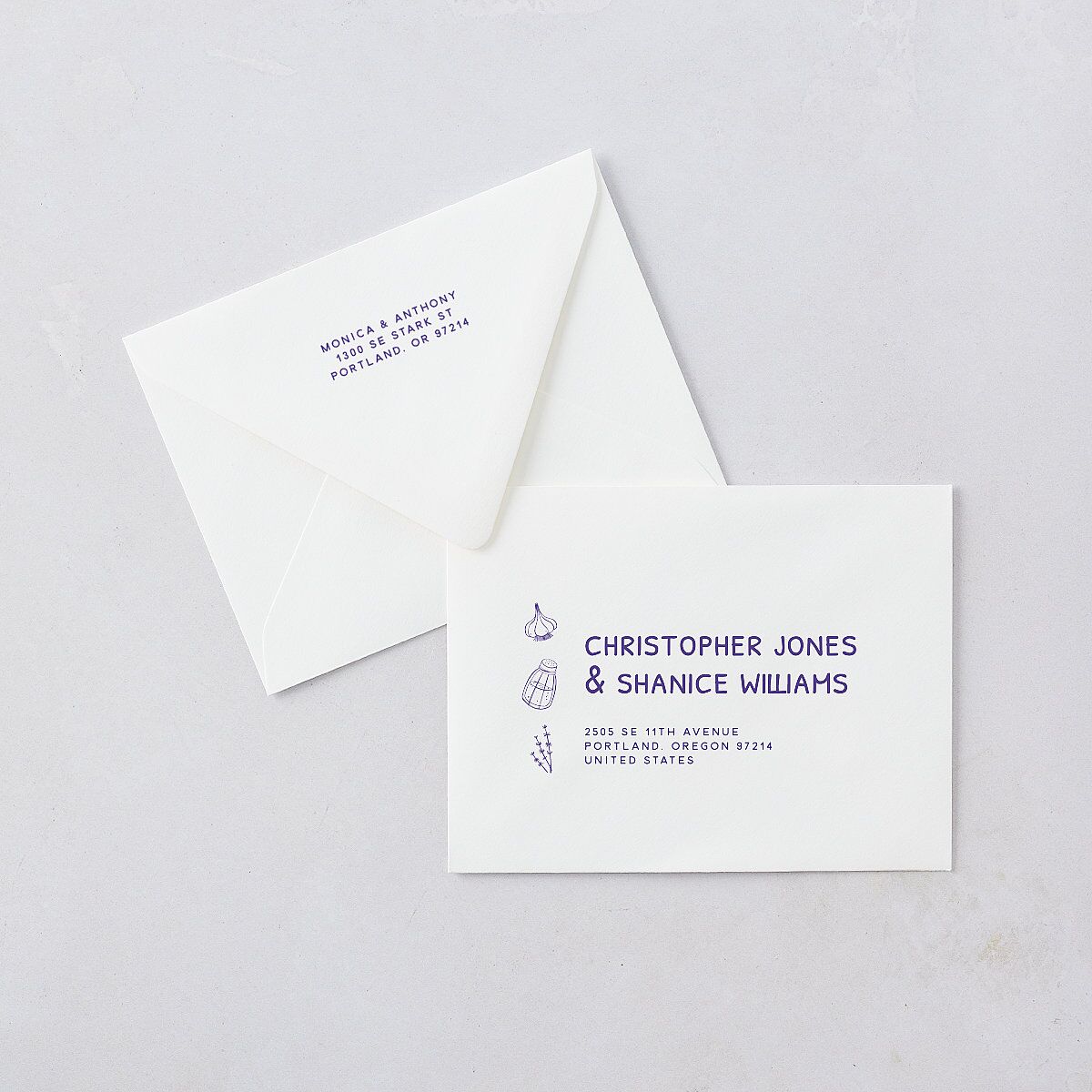 Hand Drawn Recipe Save the Date Magnet Euro Envelopes White Sapphire Both Recipient and Return Addresses Luxe Signature