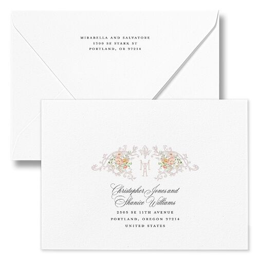 Elegant Floral Regency Wedding Invitation Euro Envelopes White Pink Cotton Both Recipient and Return Addresses Luxe Signature