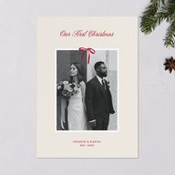First Christmas Minimalist Bow Photo Holiday Cards Cream Signature Blank Standard Portrait