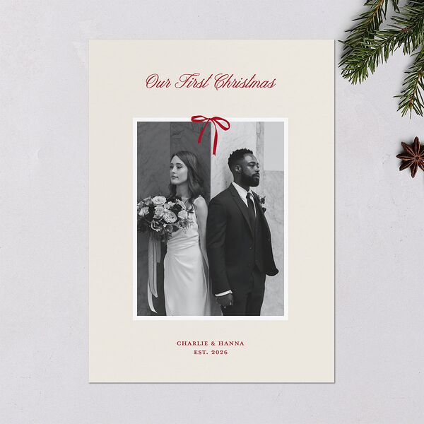 First Christmas Minimalist Bow Photo Holiday Cards Cream Signature Blank Standard Portrait