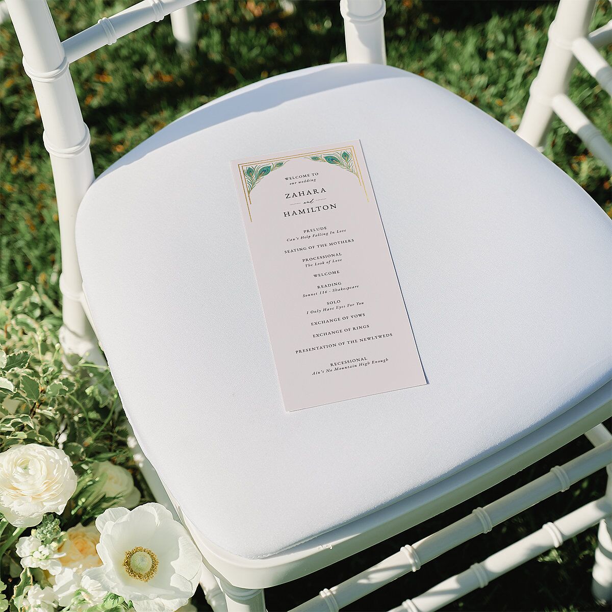 Peacock Nouveau Wedding Programs Gold Linen Signature