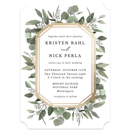 Eucalyptus Frame Foil Wedding Invitations Gold Pure White Signature Blank No Ticket