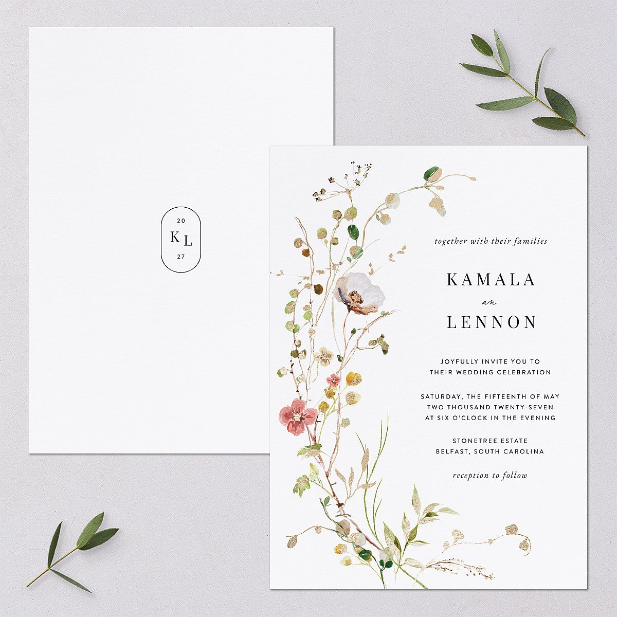 Glistening Wildflower Foil Wedding Invitations Gold Soft Peach Signature Blank No Standard