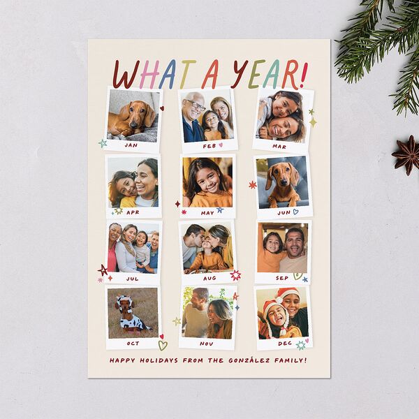 What a Year Whimsical Calendar Photos Holiday Cards Maroon Signature Blank Standard Portrait