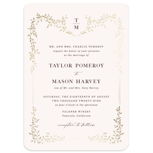 Monogram Garland Foil Wedding Invitations Merlot Gold Signature Blank Rounded No
