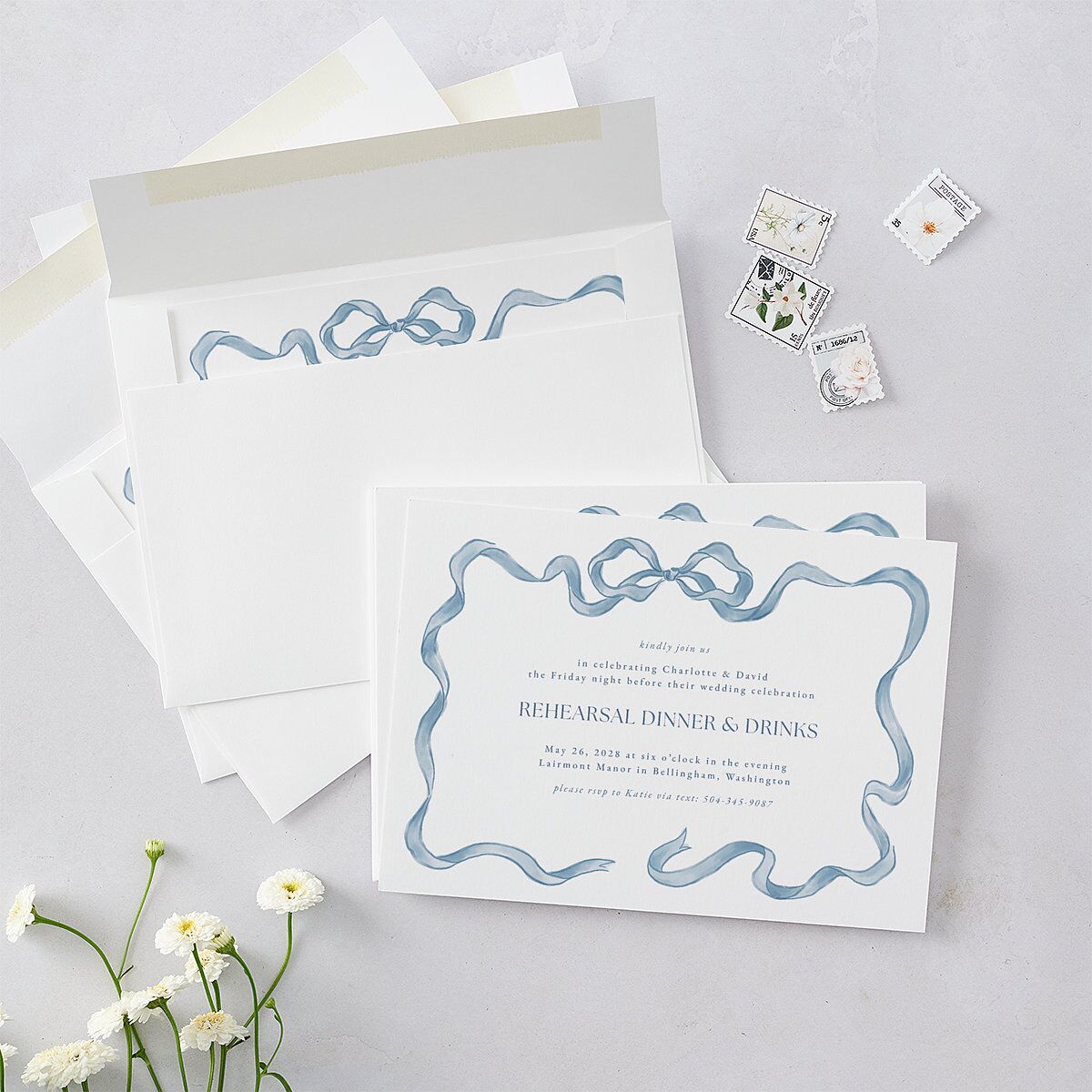Vintage Bow Rehearsal Dinner Invitations Regency Blue Signature Blank Standard