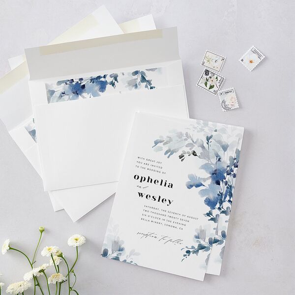 Watercolor Blooms Wedding Invitations Midnight Navy Signature Blank No Standard