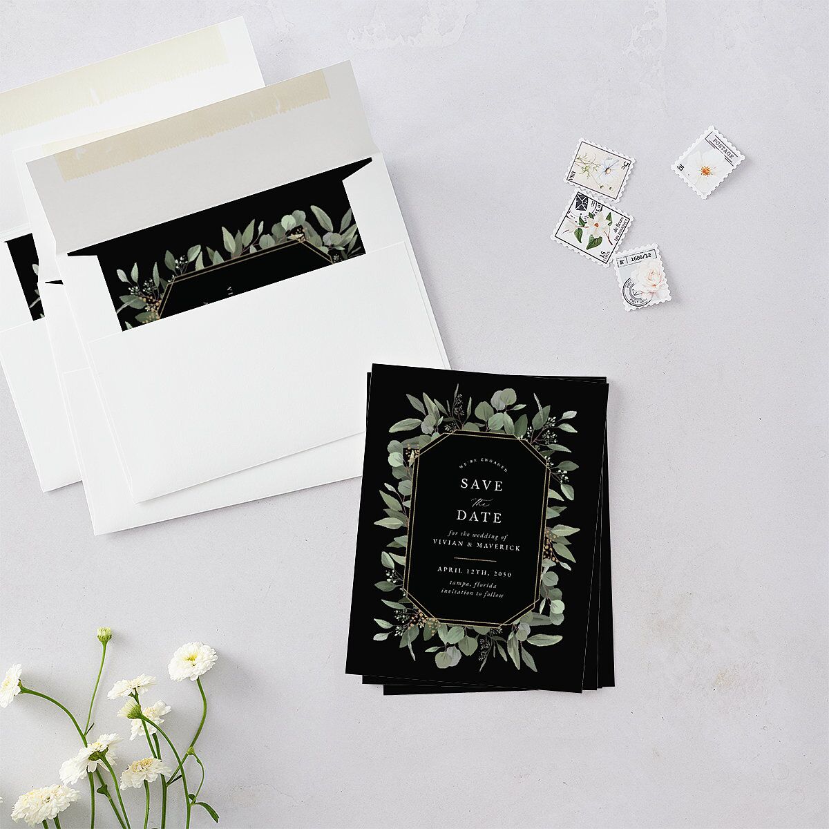 Elegant Eucalyptus Botanical Save the Date Petite Cards Midnight Signature smooth Blank No Standard