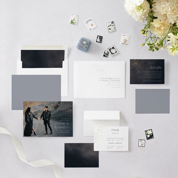 Shimmer Dust Save The Date Cards Gold Dark Navy Signature smooth Blank No Standard