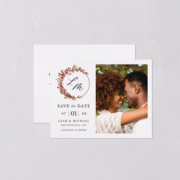 Leafy Monogram Hoop Save the Date Petite Cards Pure White Signature smooth Blank No Standard