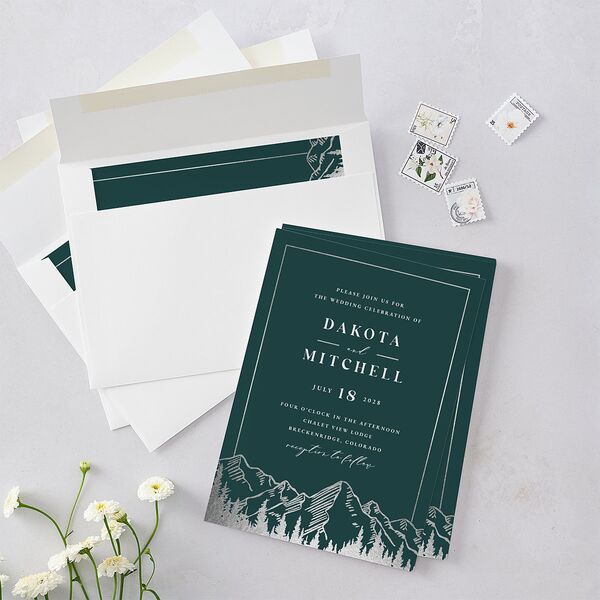 Mountain Escape Foil Wedding Invitations Silver Dark Emerald Signature Blank No
