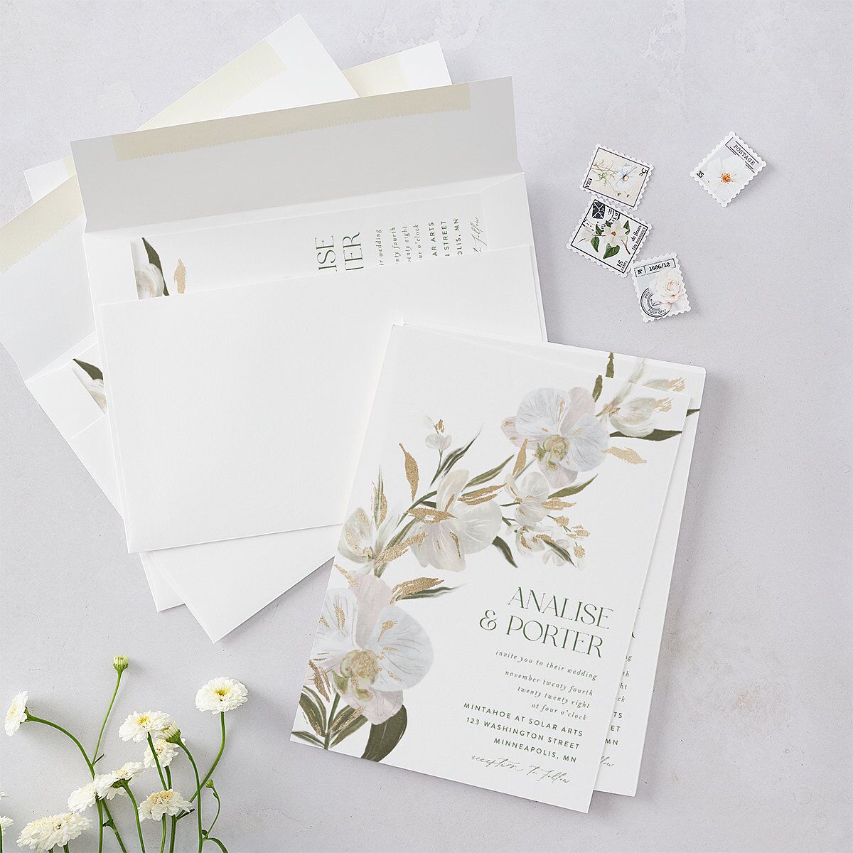 Elegant Orchid Foil Wedding Invitations Gold Pure White Signature Blank No Standard
