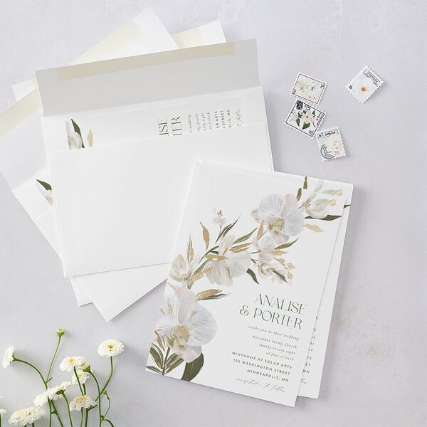 Elegant Orchid Foil Wedding Invitations Gold Pure White Signature Blank No Standard