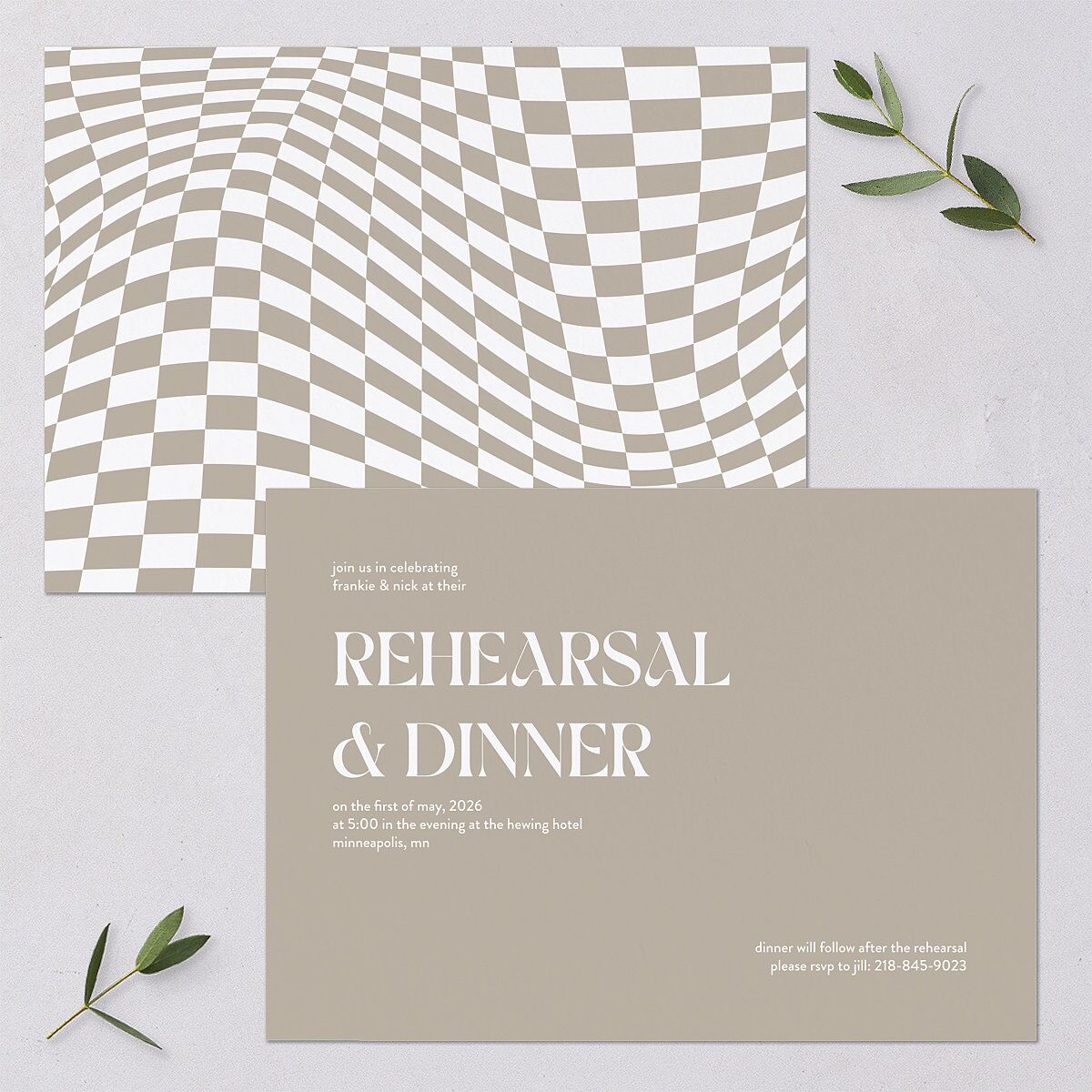 Checked Rehearsal Dinner Invitations Taupe Signature Blank