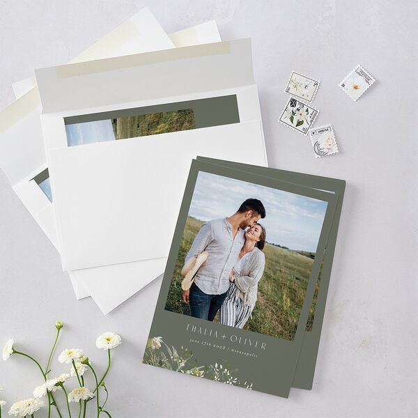 Gilded Greenery Save The Date Cards Gold Deep Olive Signature smooth Blank No Standard