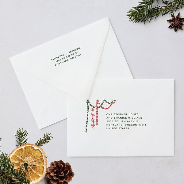 Happy Holidays Grid Pattern Photo Holiday Card Euro Envelopes White Hunter Green Both Recipient and Return Addresses Luxe Signature