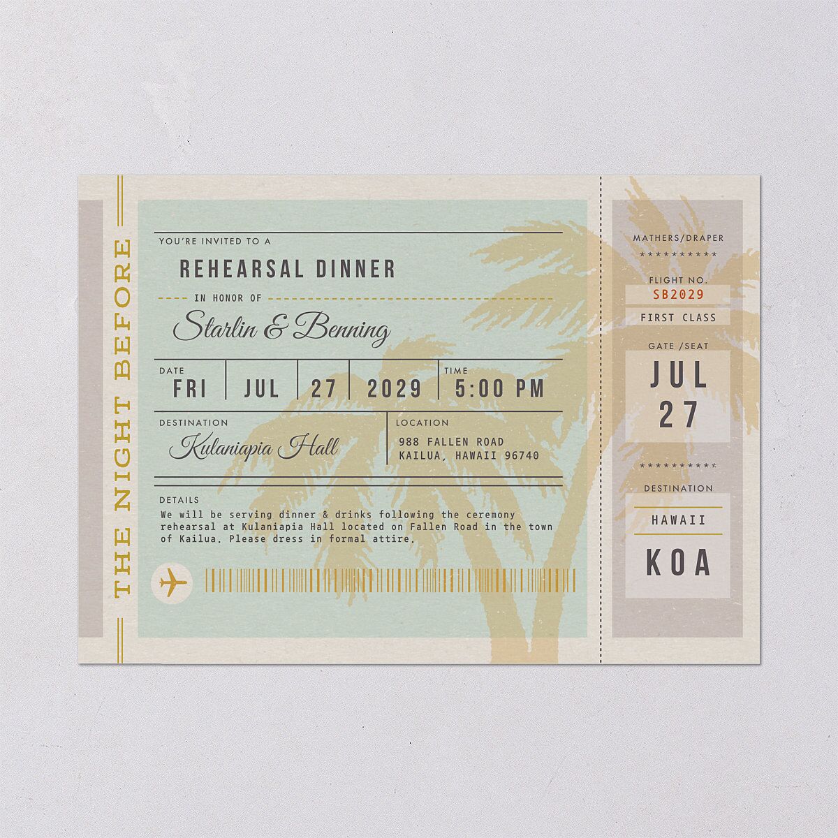 Retro Boarding Pass Rehearsal Dinner Invitations Mint Green Signature Blank