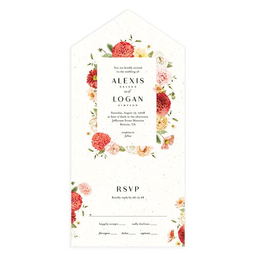 Blooming Dahlias All-in-One Wedding Invitations Garnet Signature Light Both Recipient and Return Addresses No