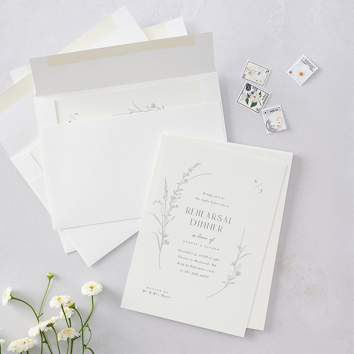 Minimal Wildflower Rehearsal Dinner Invitations Off-White Signature Blank Standard