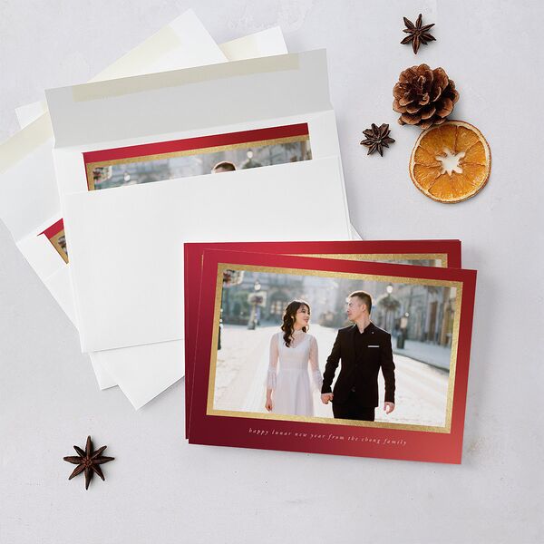 Lunar New Year Hues Holiday Cards Gold Garnet Signature Blank Standard Landscape