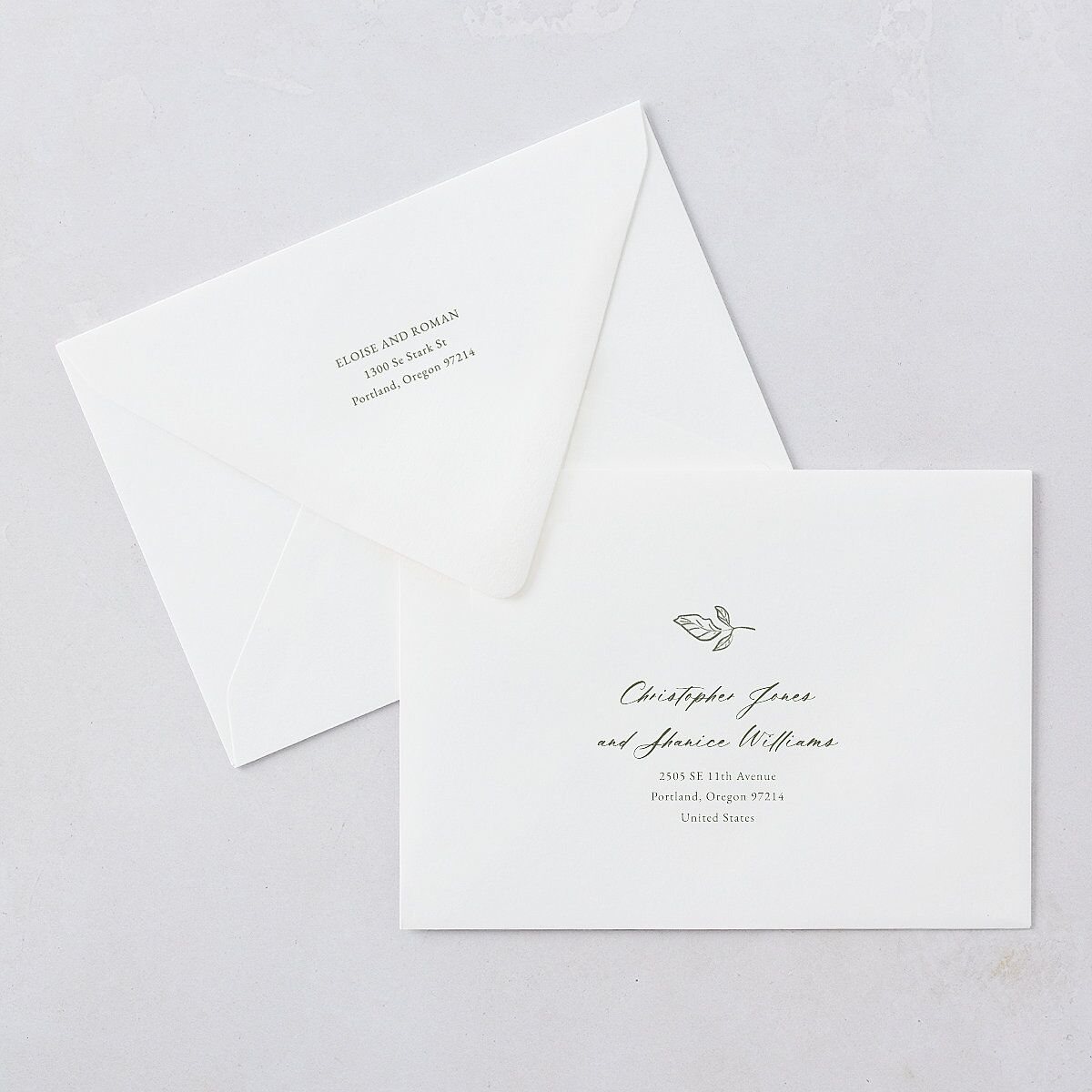 Vintage Botanical Sketch Save The Date Card Euro Envelopes White Dark Camo Both Recipient and Return Addresses Luxe Signature