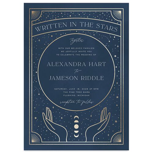 Written In The Stars Wedding Invitations Gold Moody Blue Signature Blank No Standard