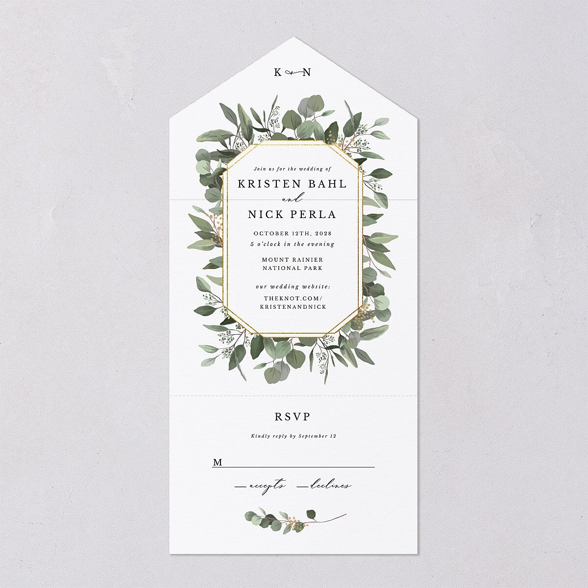 Eucalyptus Frame All-in-One Wedding Invitations Pure White Signature Light Both Recipient and Return Addresses No