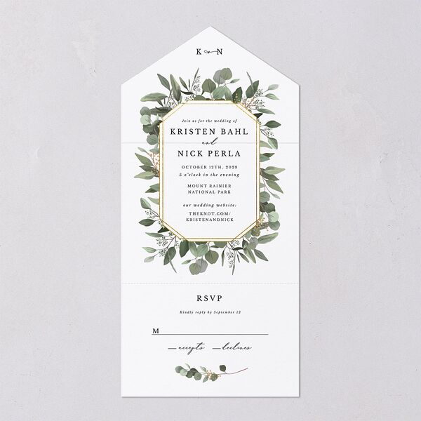 Eucalyptus Frame All-in-One Wedding Invitations Pure White Signature Light Both Recipient and Return Addresses No