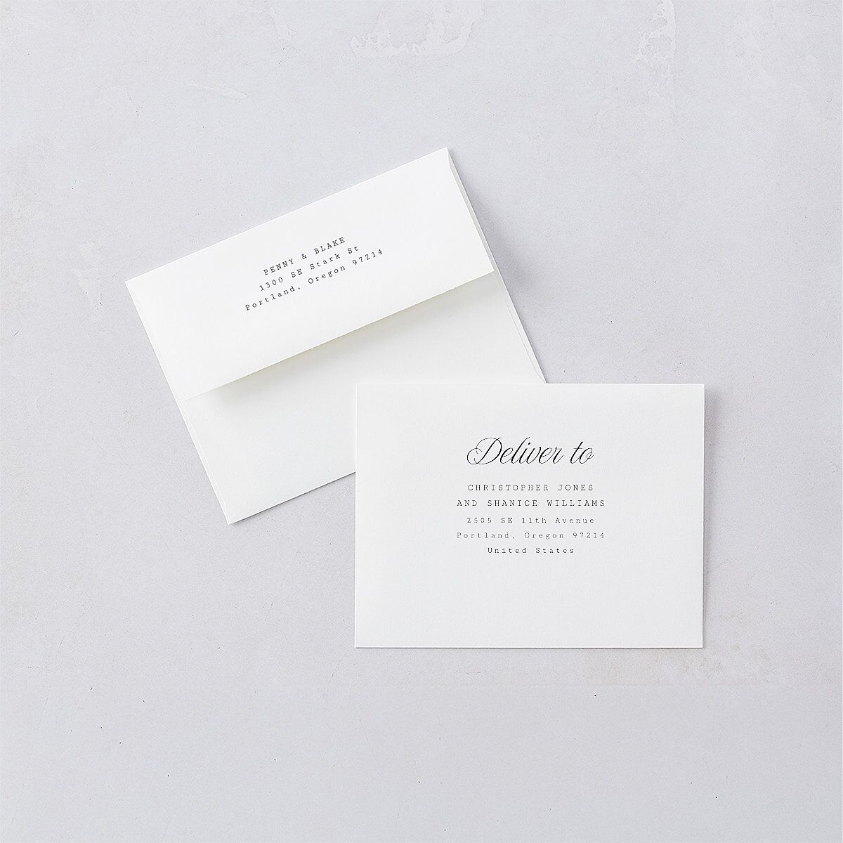 Vintage Script Save the Date Magnet Envelopes White Midnight Both Recipient and Return Addresses Signature Standard