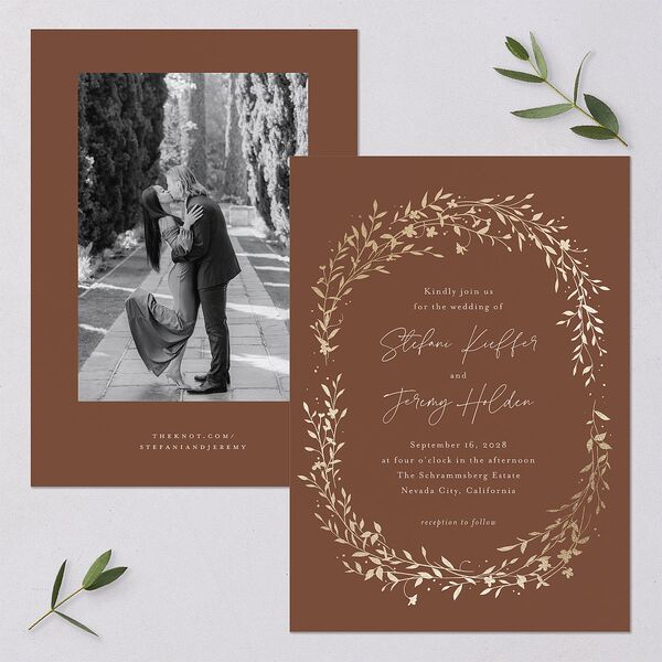 Oval Garland Foil Wedding Invitations Sepia Gold Signature Blank No Standard