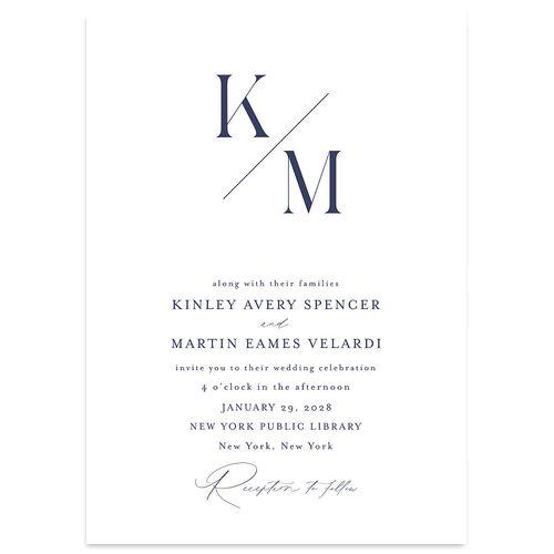 Monogram Slant Wedding Invitations Navy Signature Blank No Standard