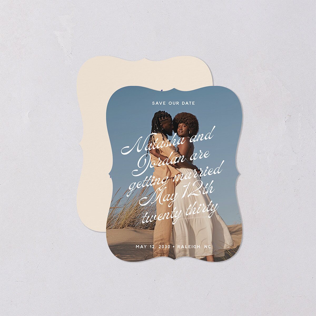 Retro Typography Photo Save the Date Petite Cards Sapphire Signature smooth Blank No Bracket