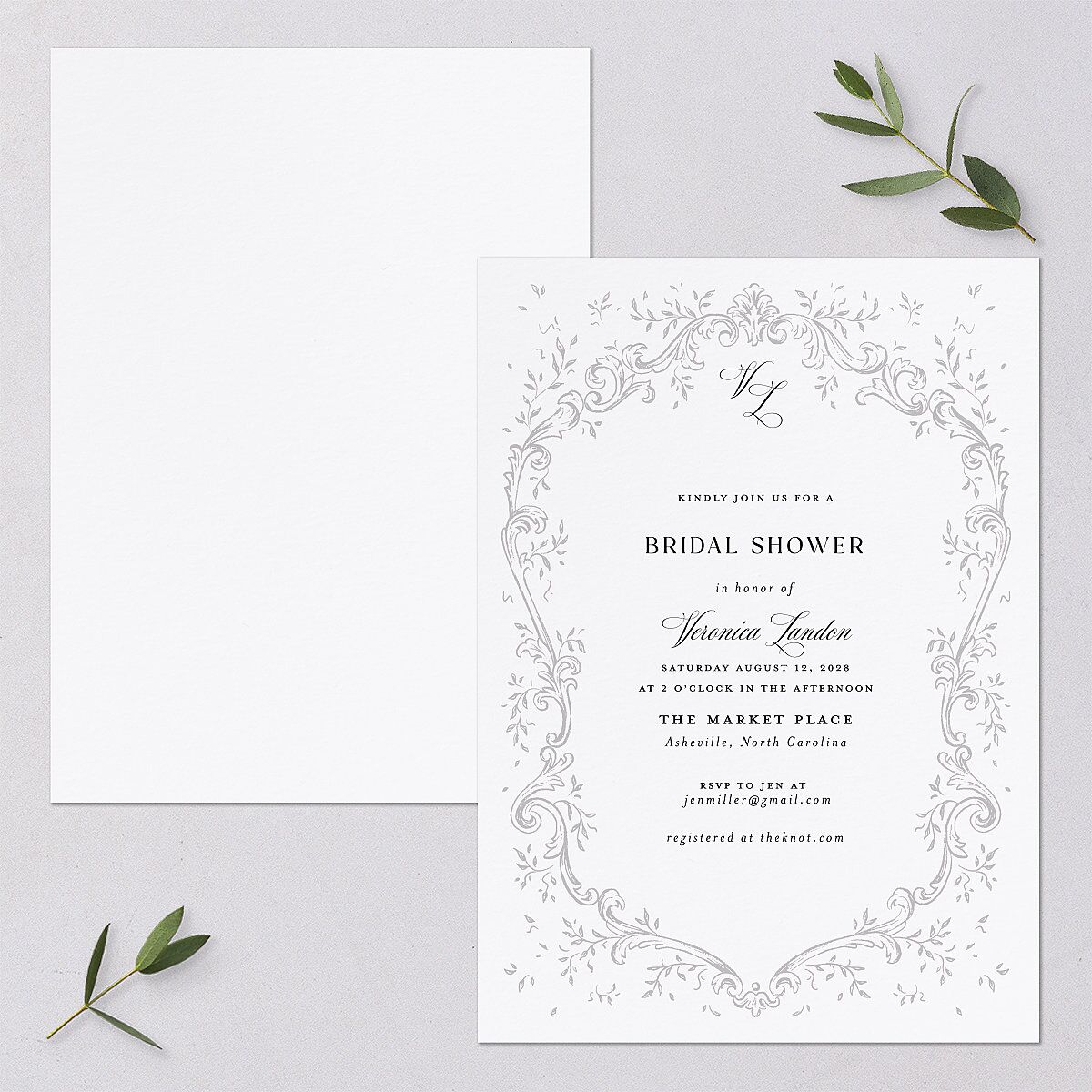 Formal Opulent Frame Bridal Shower Invitations Pure White Signature Blank Standard