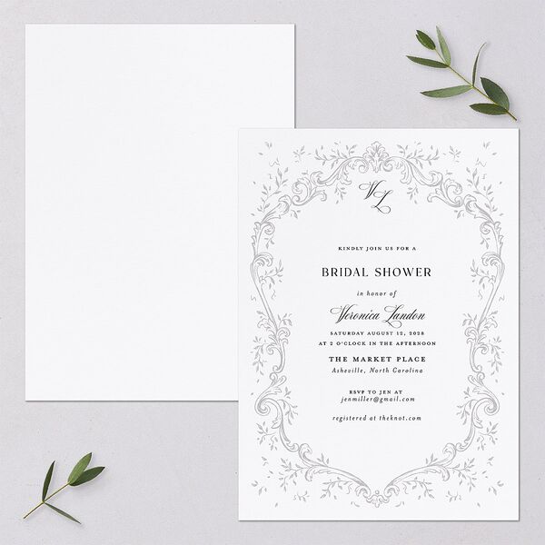 Formal Opulent Frame Bridal Shower Invitations Pure White Signature Blank Standard