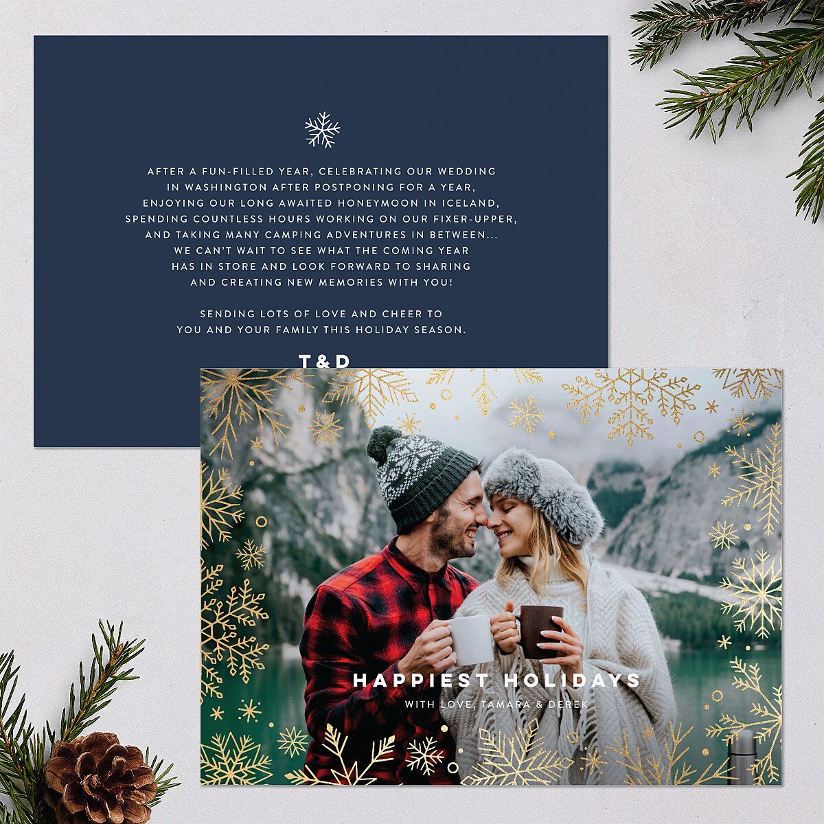 Snowflake Window Holiday Cards Gold Moody Blue Signature Blank Standard Landscape