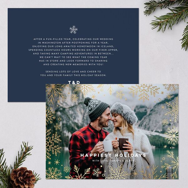 Snowflake Window Holiday Cards Gold Moody Blue Signature Blank Standard Landscape