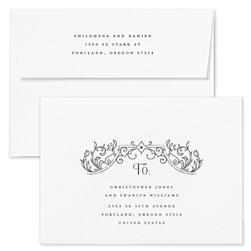 Gothic Gate Wedding Invitation Envelopes White Purple Petal Both Recipient and Return Addresses Standard Signature