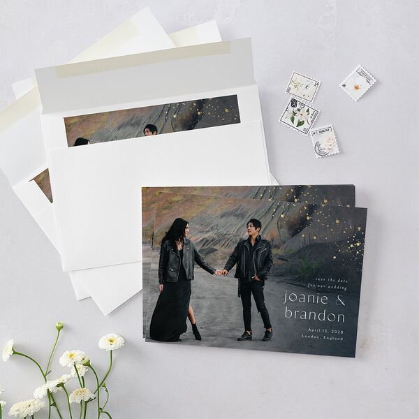 Shimmer Dust Save The Date Cards Gold Dark Navy Signature smooth Blank No Standard