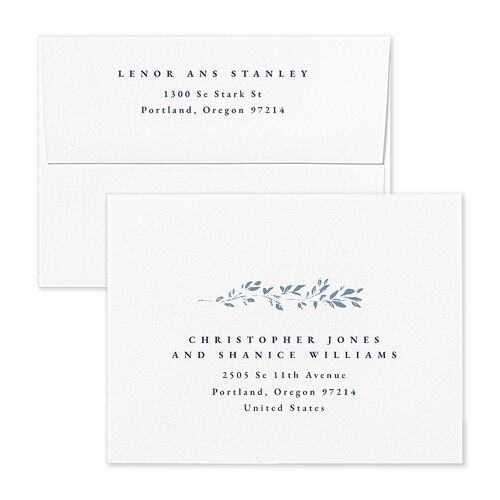 Foliage Accent Save the Date Magnet Envelopes Moody Blue White Both Recipient and Return Addresses Signature Standard