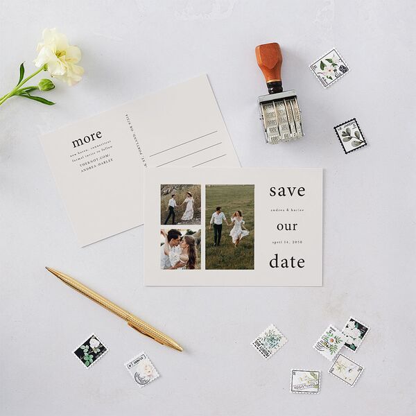 Timeless Photo Trio Save the Date Postcards Linen