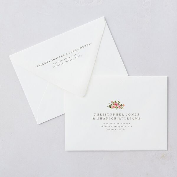 Watercolor Floral Crest Wedding Invitation Euro Envelopes Shell Pink White Both Recipient and Return Addresses Luxe Signature