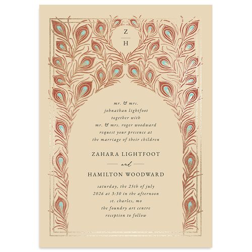 Peacock Nouveau Wedding Invitations Gold Tan Signature Blank No Standard