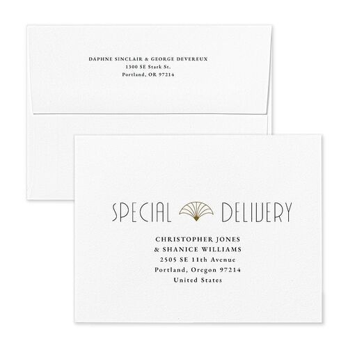 Gatsby Deco Arch Save the Date Petite Card Envelopes White Dark Emerald Both Recipient and Return Addresses Signature Standard