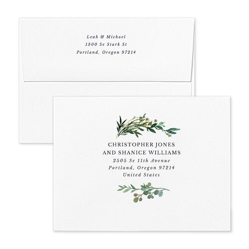 Leafy Monogram Hoop Save the Date Magnet Envelopes Dark Navy White Both Recipient and Return Addresses Signature Standard